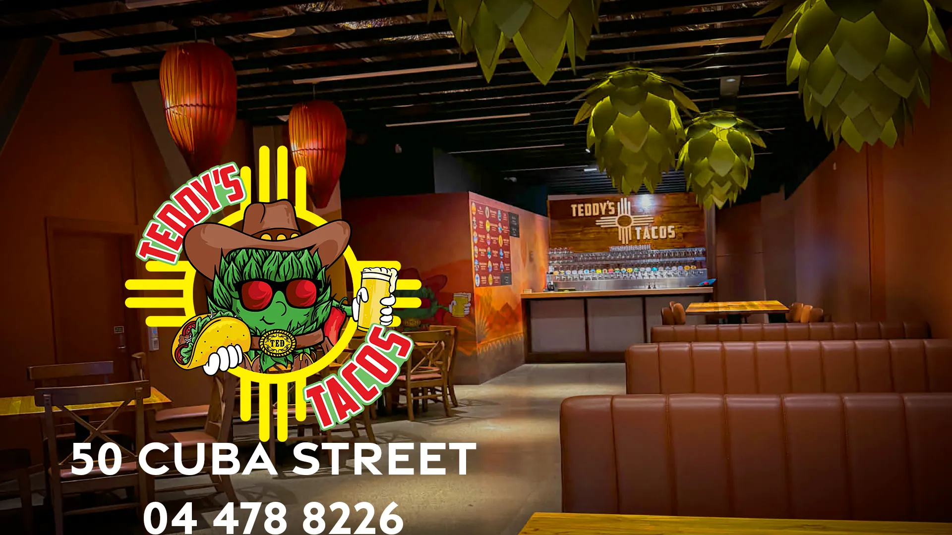 Teddy's Tacos bar with neon sign and tap wall